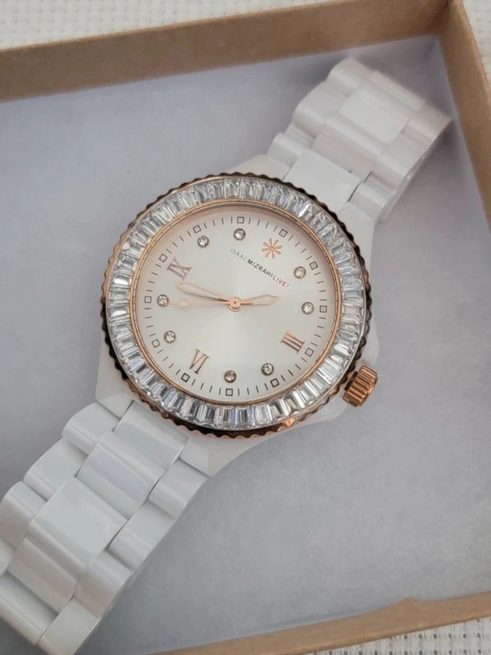 Isaac Mizrahi White and Rose Gold Crystal Accent Women's Watch